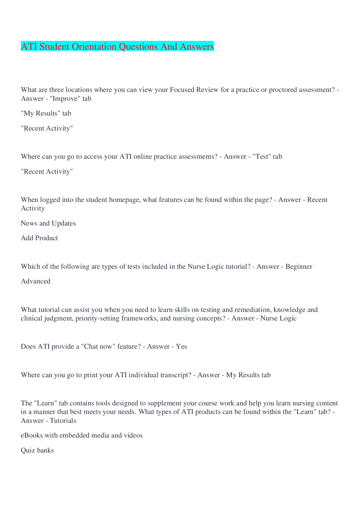 Preview image for ATI Student Orientation Questions And Answers  2022/2023